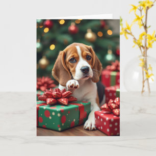 Beagle Wrapping Gifts Christmas Painting Card