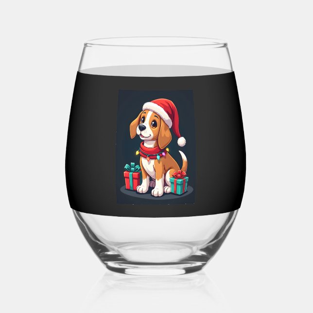 Beagle Xmas Lighting Santa Beagle Dog Christmas Ta Stemless Wine Glass (Front)
