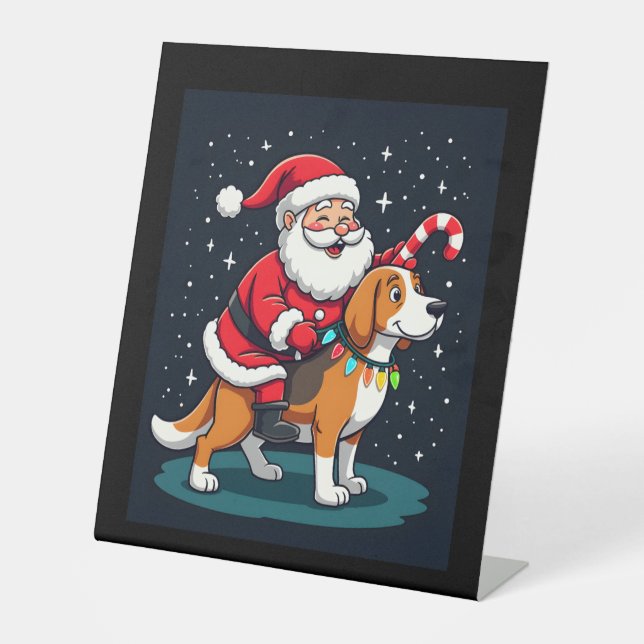 Beagle Xmas Lighting Santa Riding Beagle Dog Chris Pedestal Sign (Front)