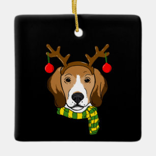 Beagle Xmas Reindeer Horns Dog Lover Christmas Ceramic Ornament