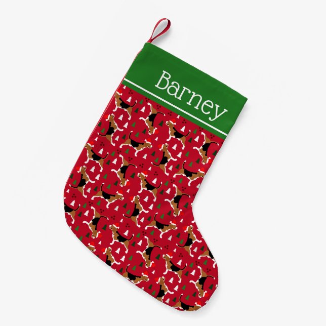 Beagles in Santa Hats Christmas Holiday Pattern  Small Christmas Stocking (Front (Hanging))