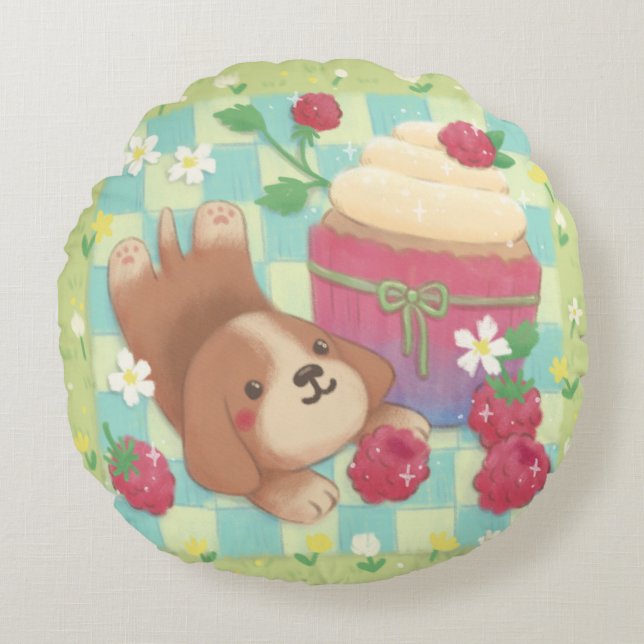 Beagle's Picnic Day with Raspberry Cupcake Round Cushion (Front)