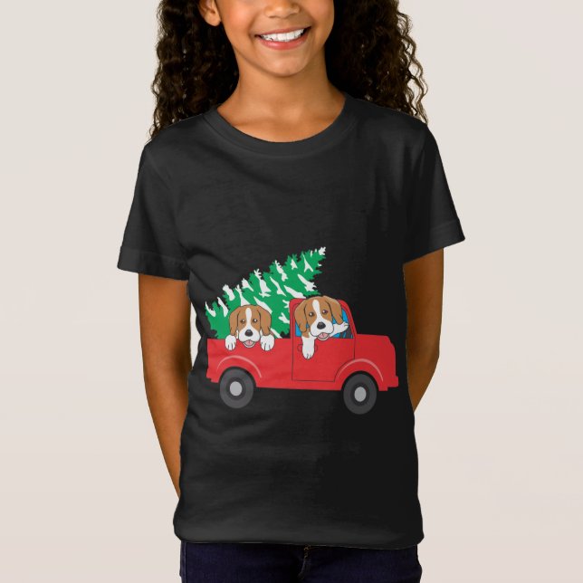 Beagles Riding A Red Truck Beagle Dog Christmas T-Shirt (Front)