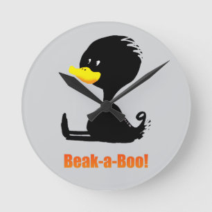 Beak-a-Boo! Cute Cartoon Duck with Funny Pun Round Clock