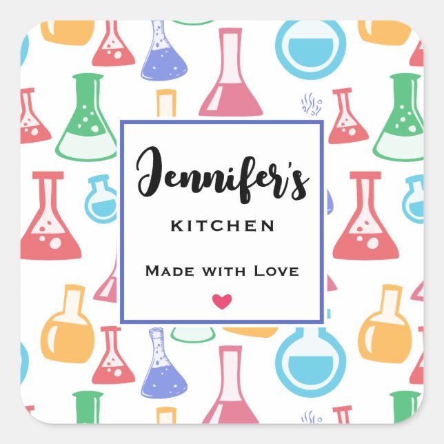 Beakers and Flasks Fun Science Pattern Kitchen Square Sticker (Front)