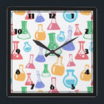 Beakers and Flasks Fun Science Pattern Square Wall Clock<br><div class="desc">A clock with a fun and colourful pattern. Research scientist vibe with beakers and flasks of different shapes and sizes in bright happy colours.</div>