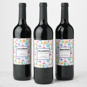 Beakers and Flasks Fun Science Pattern Wine Label