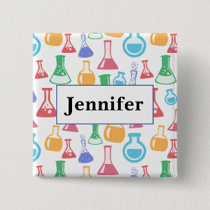 Beakers and Flasks Fun Science Pattern with a Name 15 Cm Square Badge