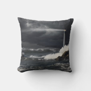 Beam of Light Shining into Stormy Ocean Cushion