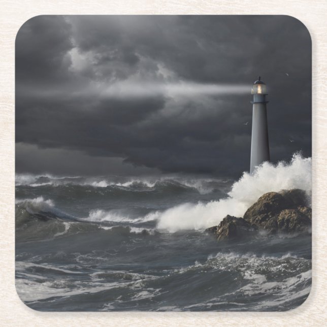 Beam of Light Shining into Stormy Ocean Square Paper Coaster (Front)