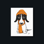 Beanie Dog | Cute Piebald Dachshund  Canvas Print<br><div class="desc">Cartoon style drawing of a black,  tan and white Piebald Dachshund wearing an orange beanie and scarf. A fun canvas print for anyone who loves wiener dogs. Visit Jenn's Doodle World for even more cute animal art and dog lover's illustrations.</div>