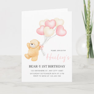 Bear 1st Birthday Invitation, Girl First Birthday  Invitation