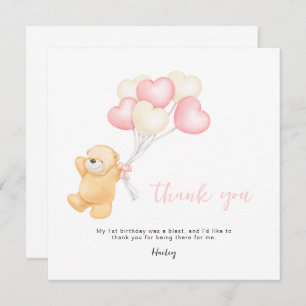 Bear 1st Birthday Invitation, Girl First Birthday Thank You Card