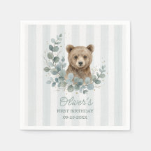Bear 1st Boy Birthday Botanical Foliage Gold Dust