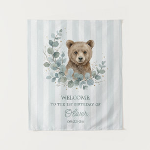 Bear 1st Boy Birthday Woodland Greenery Backdrop Tapestry