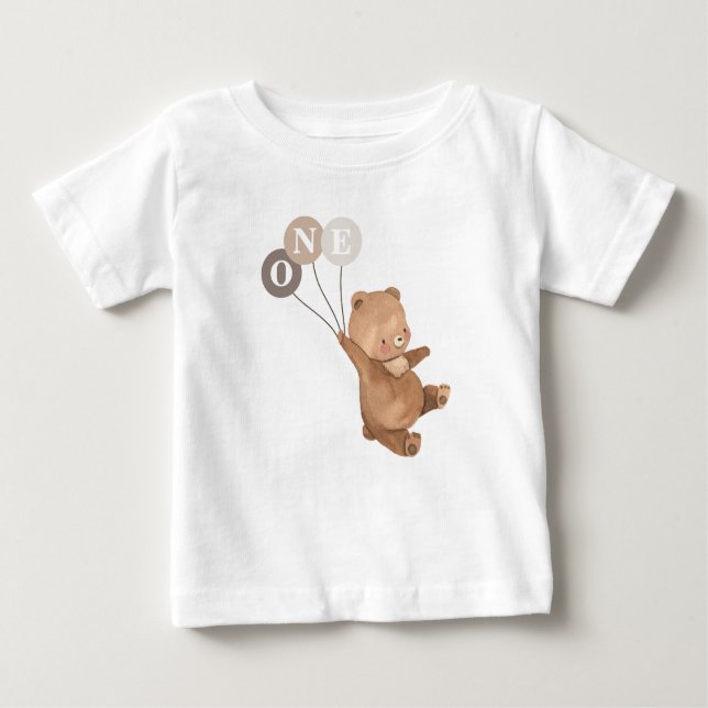 Bear 3 Brown Balloons 1st Birthday Baby T-Shirt (Front)