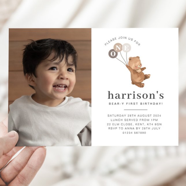 Bear 3 Brown Balloons Photo 1st Birthday Invite (Creator Uploaded)