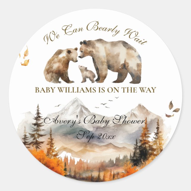 Bear Adventure Fall Mountain Neutral Baby Shower Classic Round Sticker (Front)