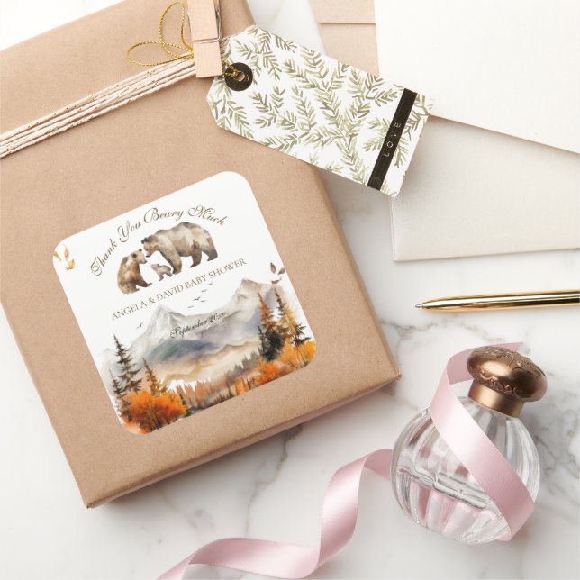 Bear Adventure Fall Mountain Neutral Baby Shower Square Sticker (Gifting)