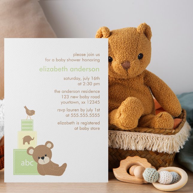 Bear and Alphabet Toy Blocks Baby Shower {green} Invitation (Creator Uploaded)