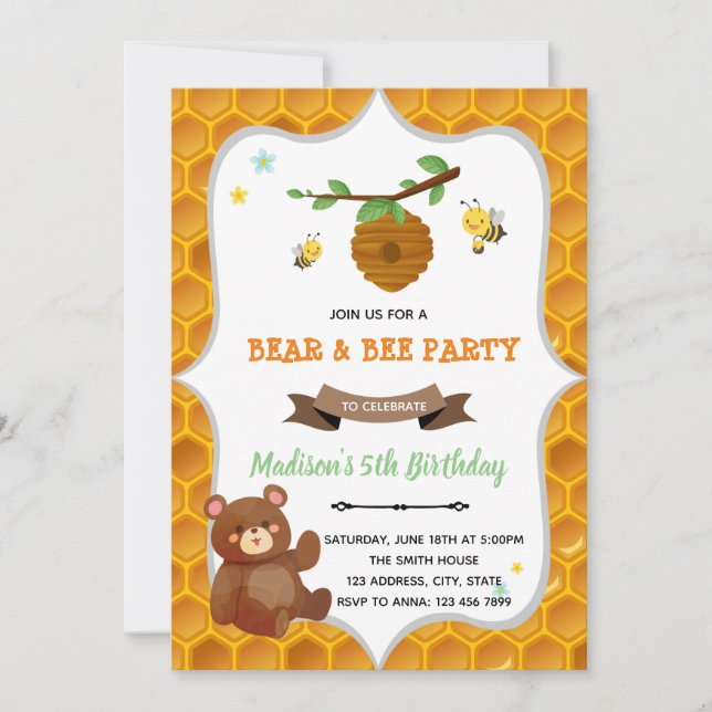 Bear and bee birthday party Invitation (Front)