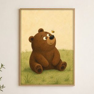 Bear and Bee Watercolour Whimsical Art Poster