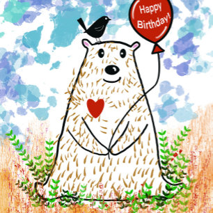 Bear And Bird Birthday Card