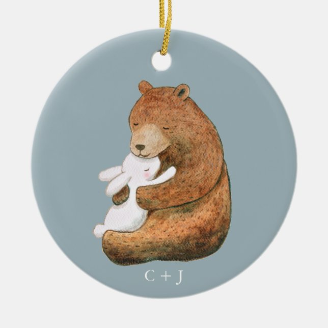 Bear and Bunny Couple Custom Anniversary Valentine Ceramic Tree Decoration (Front)