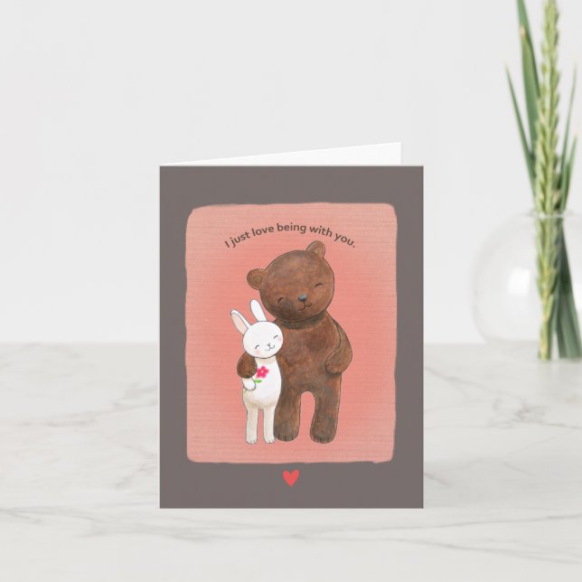 Bear and Bunny Couple Cute Loving couple portrait  Card (Front)