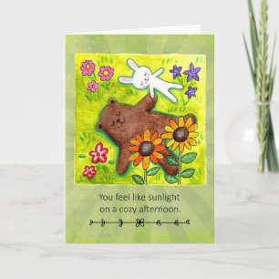 Bear and Bunny Happy Couple lying down on Grass Card