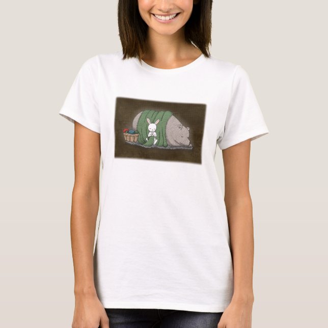 Bear and Bunny Knitting Lover Cute Woodland Animal T-Shirt (Front)