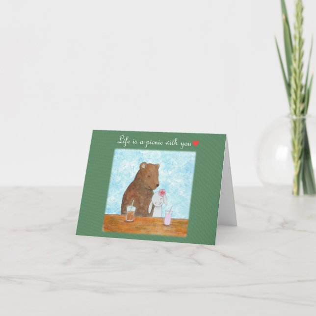 Bear and Bunny Summer Picnic Cute Anniversary Card (Front)