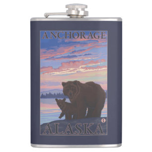Bear and Cub - Anchorage, Alaska Hip Flask