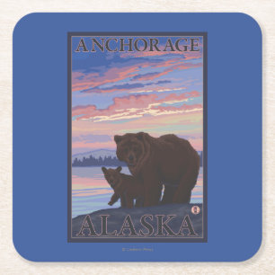 Bear and Cub - Anchorage, Alaska Square Paper Coaster