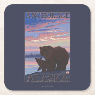 Bear and Cub - Anchorage, Alaska Square Paper Coaster