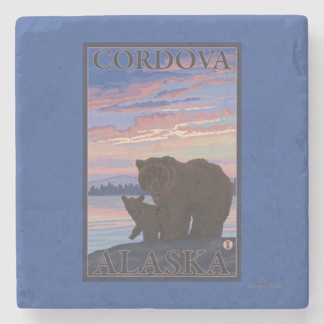 Bear and Cub - Cordova, Alaska Stone Coaster (Front)