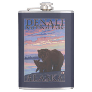 Bear and Cub - Denali National Park, Alaska Hip Flask