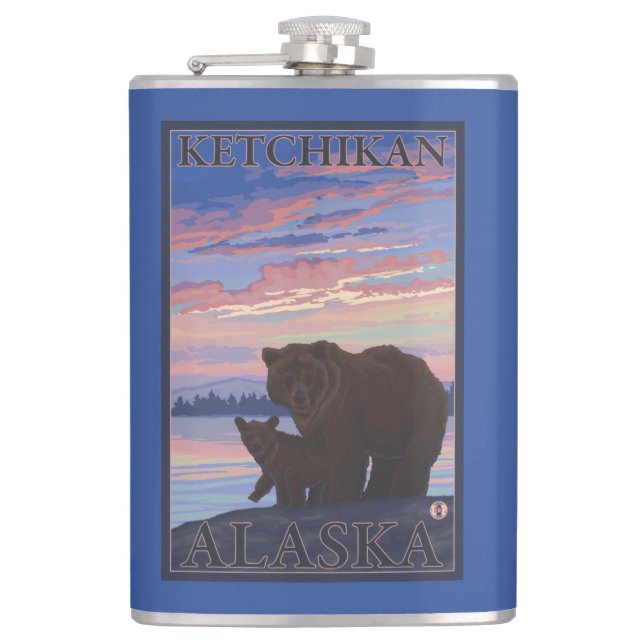 Bear and Cub - Ketchikan, Alaska Hip Flask (Front)