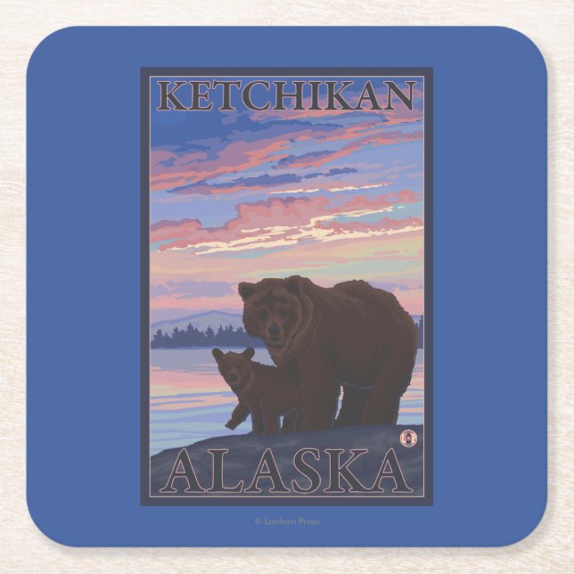 Bear and Cub - Ketchikan, Alaska Square Paper Coaster (Front)