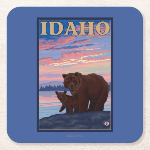 Bear and CubIdahoVintage Travel Poster Square Paper Coaster