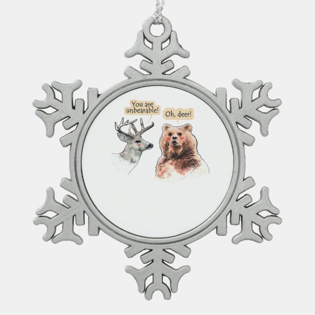 Bear And Deer Conversation Funny Wildlife Design  Snowflake Pewter Christmas Ornament (Front)