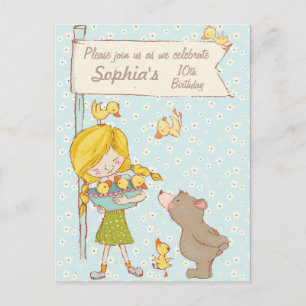 Bear and Ducklings Children Birthday Invitation Postcard