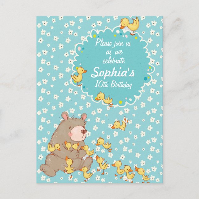 Bear and Ducklings Children Birthday Invitation Postcard (Front)