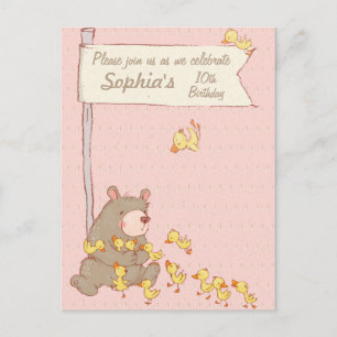 Bear and Ducklings Children Birthday Invitation Postcard