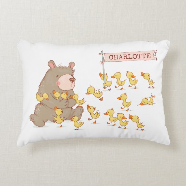 Bear and Ducks with White Background Decorative Cushion (Front)