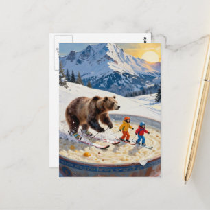 bear and kids ski in a bowl of porridge  postcard