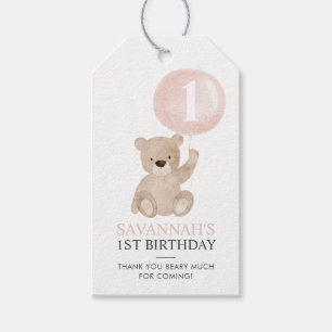 Bear and Pink Balloon 1st Birthday Favour Tags