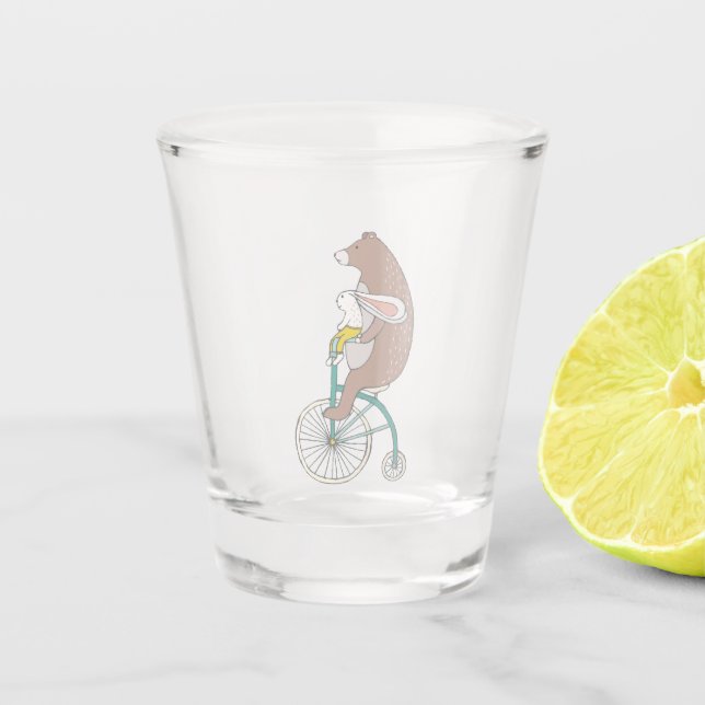 Bear and Rabbit on Bike Hipster Cartoon Fun Party Shot Glass (Front)