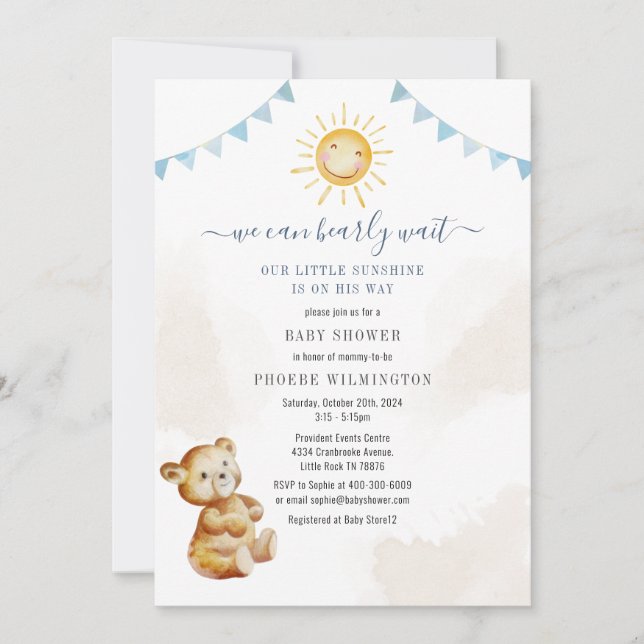 Bear and Sunshine Watercolor Boys Baby Shower Invitation (Front)