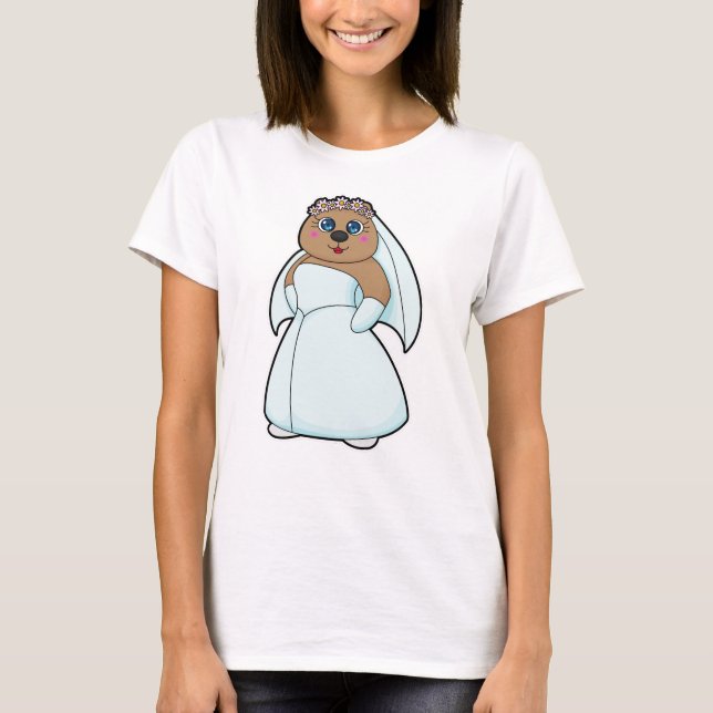 Bear as Bride with Wreath of Flowers T-Shirt (Front)
